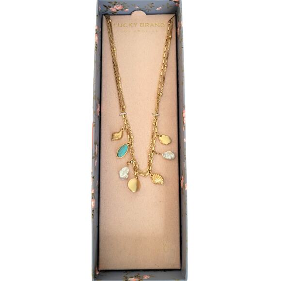 Lucky Brand Necklace Women's Semi Precious Accent Freshwater Pearl Gold 2 strand - Picture 1 of 9